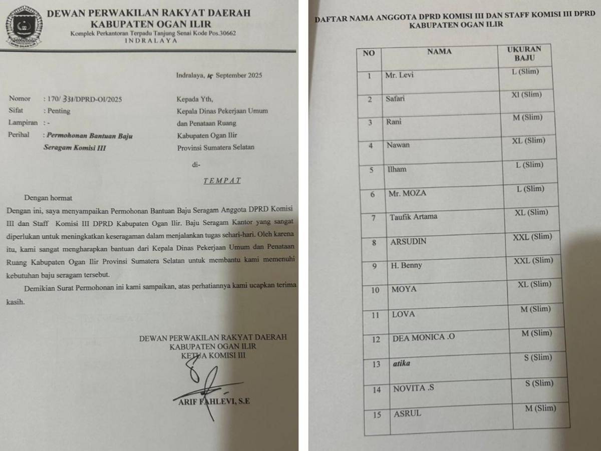 Surat permohonan bantuan seragam dari DPRD Ogan Ilir yang disebarkan ke OPD. (Dok. Istimewa)