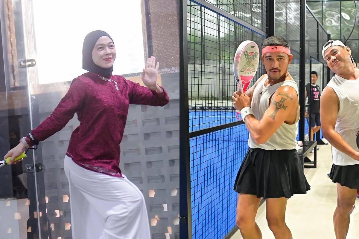 artis pakai outfit unik saat main olahraga raket 
