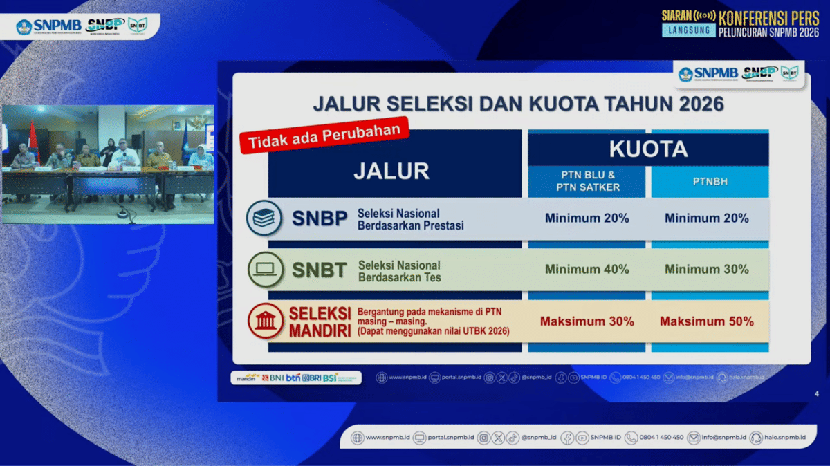 cuplikan konferensi pers peluncuran Seleksi Nasional Penerimaan Mahasiswa Baru 2026. (youtube.com/@snpmb_id)