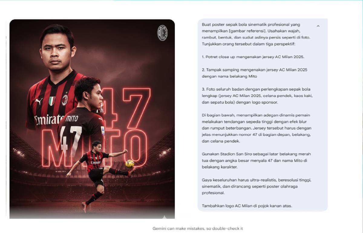 contoh poster pemain bola yang dibuat Gemini AI dari foto diri