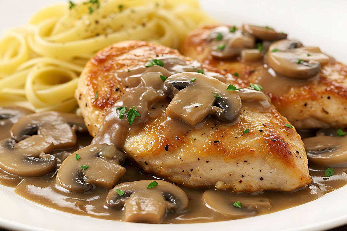 ilustrasi grilled chicken mushroom sauce