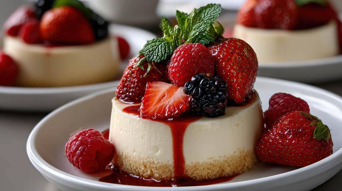 Potret panna cotta vanila dengan saus stroberi