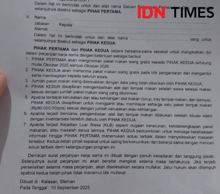 Surat perjanjian Satuan Pelayanan Pemenuhan Gizi (SPPG) di Sleman yang meminta penerima manfaat merahasiakan kejadian jika terjadi keracunan Makan Bergizi Gratis (MBG). 