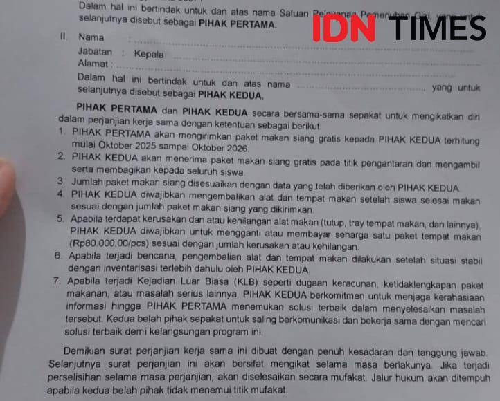 Surat perjanjian Satuan Pelayanan Pemenuhan Gizi (SPPG) di Sleman yang meminta penerima manfaat merahasiakan kejadian jika terjadi keracunan Makan Bergizi Gratis (MBG).