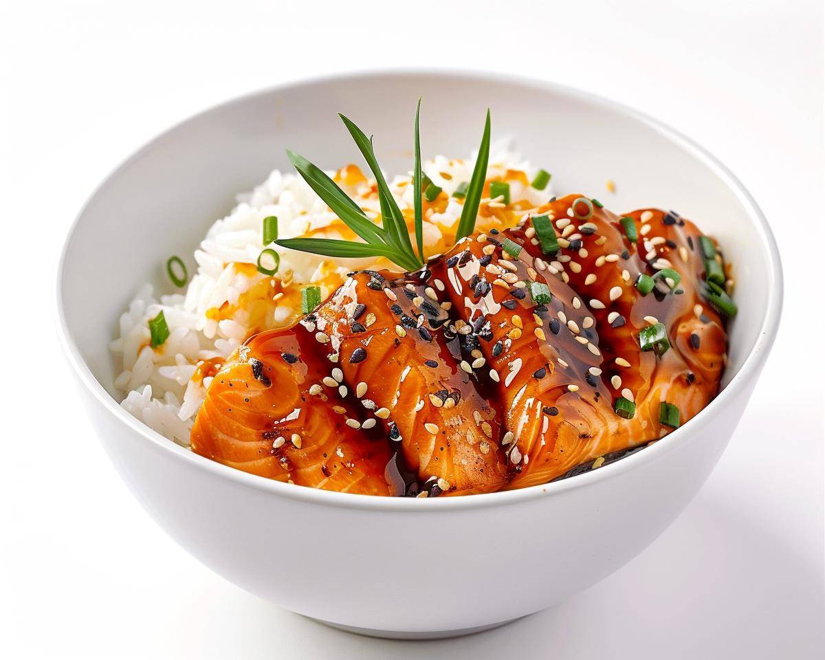 ilustrasi donburi ikan salmon panggang