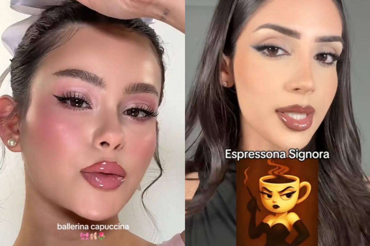 Potret tren makeup yang terinspirasi dari Ballerina Cappuccina dan Espresso Signora, dua karakter Italian Brainrot. (tiktok.com/hayleybuix) | (tiktok.com/minaamouse016)