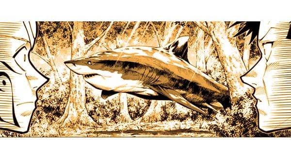 Tsurugi dan Maru melihat hiu melayang di hutan - Jujutsu Kaisen Modulo