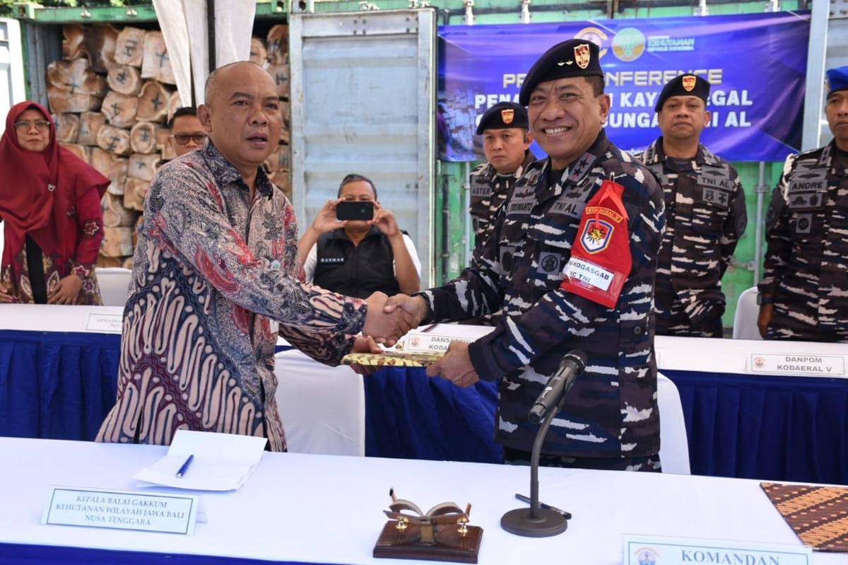 TNI AL melalui Tim Reaksi Cepat Komando Daerah TNI AL (Kodaeral) V menggagalkan upaya penyelundupan kayu ilegal yang merugikan Negara senilai Rp646 juta rupiah di Pelabuhan Tanjung Perak, Surabaya, Jumat (19/9/2025) (dok. Dispenal)