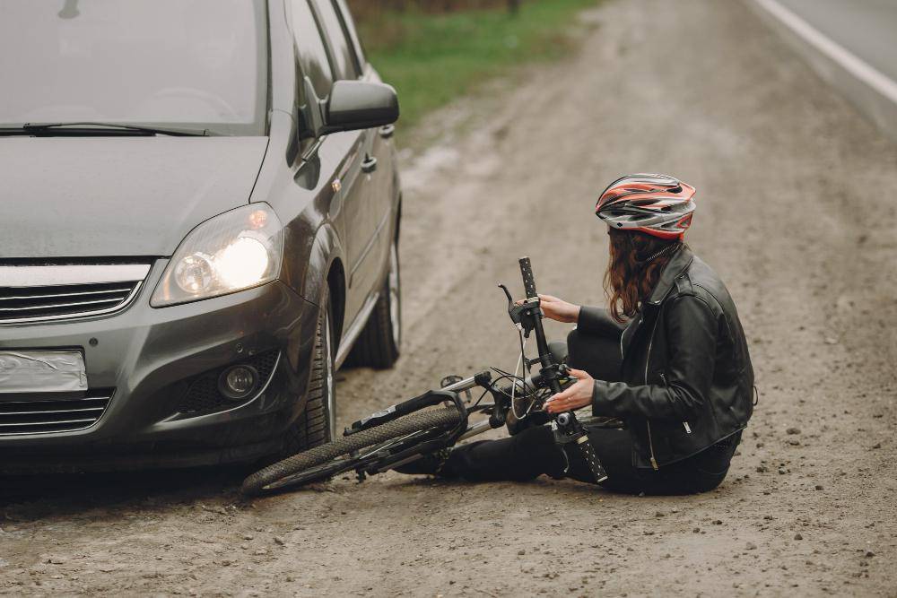 Kecelakaan di jalan yang melibatkan mobil dan pesepeda.