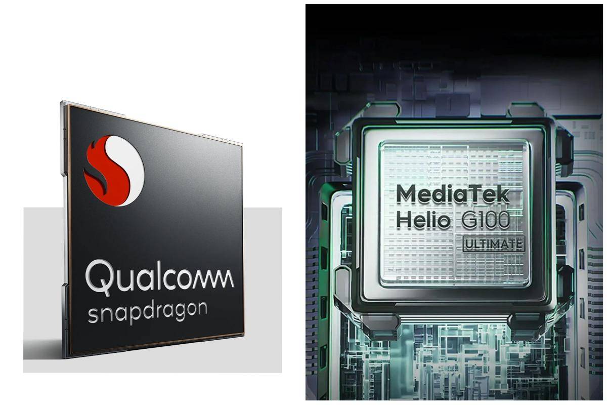 ilustrasi prosesor Qualcomm Snapdragon 685 (kiri) | ilustrasi prosesor MediaTek Dimensity G100 Ultimate (kanan)