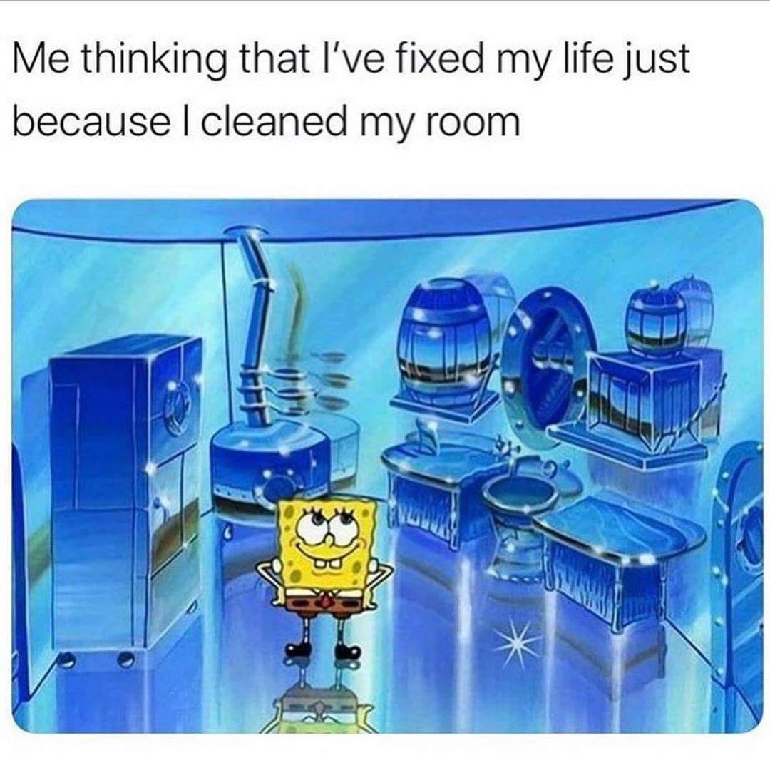 meme SpongeBob tentang membersihkan kamar 