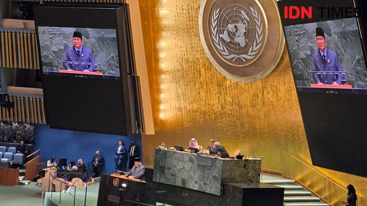 Suasana General Assembly Hall di Markas Persatuan Bangsa-Bangsa (PBB), di kota New York, Amerika Serikat, Senin sore (22/9/2025) saat Presiden Prabowo pidato. (IDN Times/Uni Lubis)