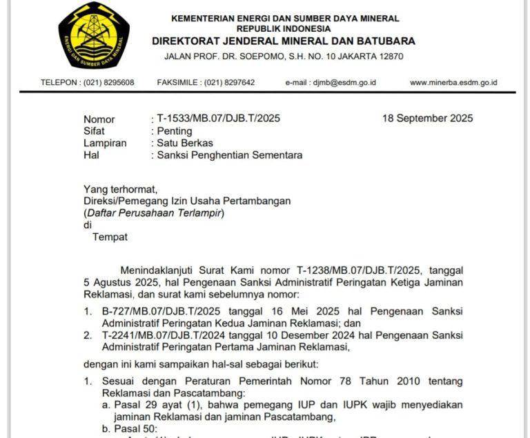 Direktorat Jendral Mineral dan Batubara Kementerian ESDM RI membekukan sementara 190 perusahaan tambang. (istimewa)