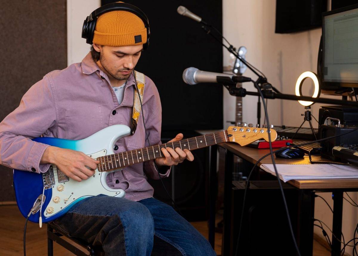 Ilustrasi seorang penyanyi sedang rekaman