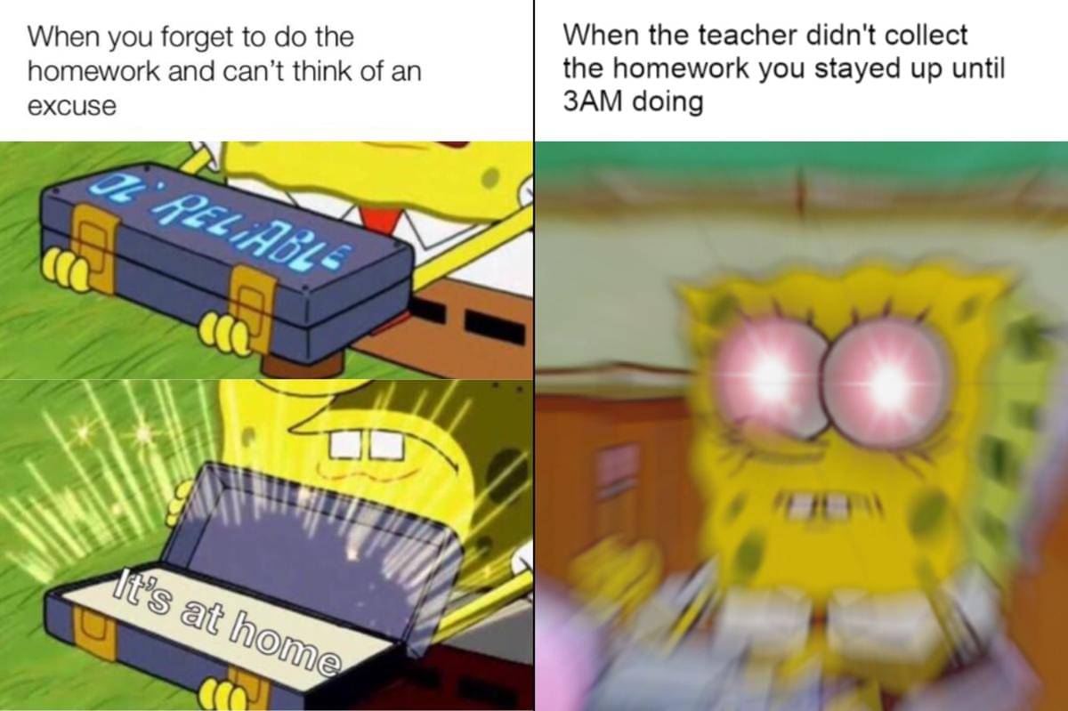 meme SpongeBob tentang ngumpulin PR