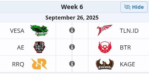 Jadwal pertandingan IKL FALL 2025 Week 6 Day 1 