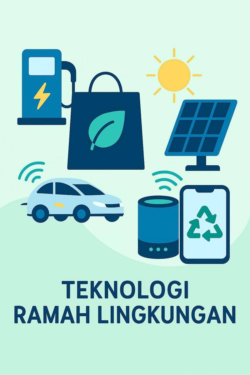 Ilustrasi teknologi ramah lingkungan seperti mobil listrik, panel surya, dan perangkat pintar hemat energi. (Ilustrasi oleh Khotijah)
