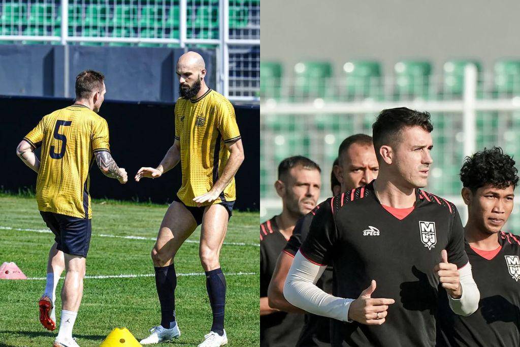 Para pemain Bhayangkara Presisi FC (kiri) dan Malut United (kanan) saat melakukan official training di Stadion Sumpah Pemuda Bandar Lampung pada 24 September 2025. (Kolase Berbagai Sumber)
