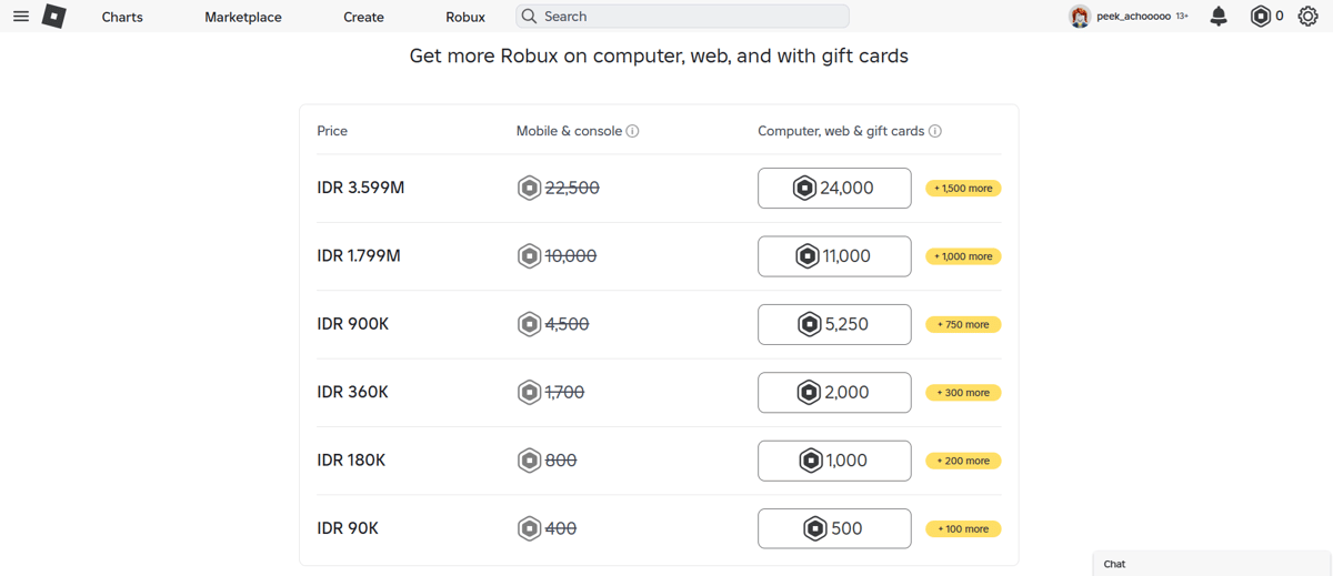 Harga Robux di situs resmi Roblox