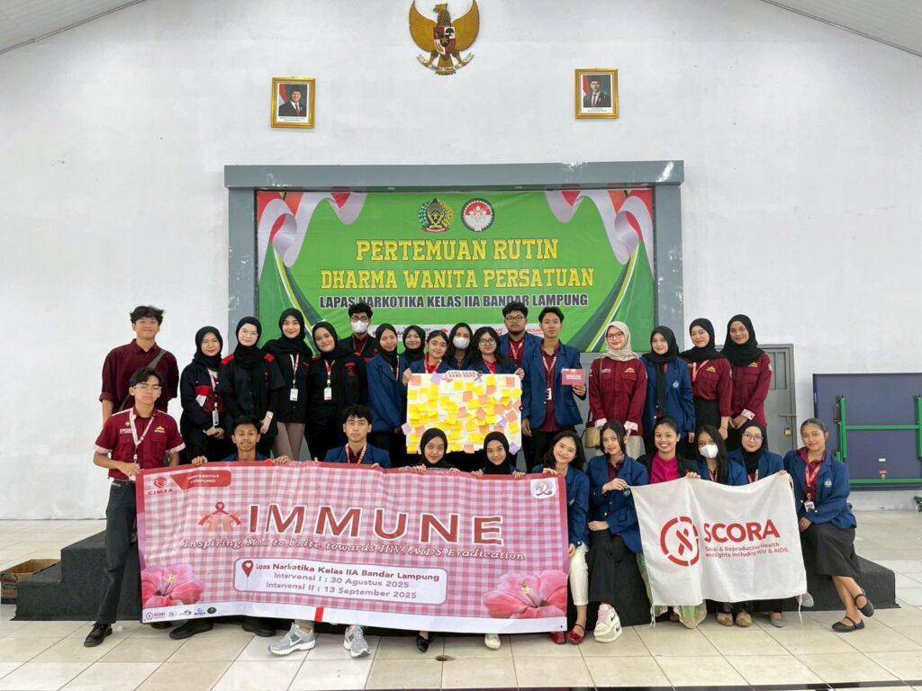 Standing Committee on Sexual and Reproductive Health and Rights including HIV and AIDS (SCORA) CIMSA Fakultas Kedokteran (FK) Universitas Lampung (Unila) Menggelar Program Bertajuk IMMUNE : Inspiring Minds to Unite Towards HIV/AIDS Eradication di Lapas Narkotika Kelas IIA Bandar Lampung (Dok.Unila)