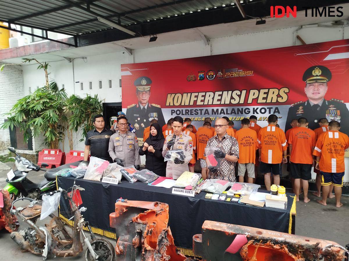 Konferensi pers kasus kerusuhan demo ojol di Malang. (IDN Times/Rizal Adhi Pratama)