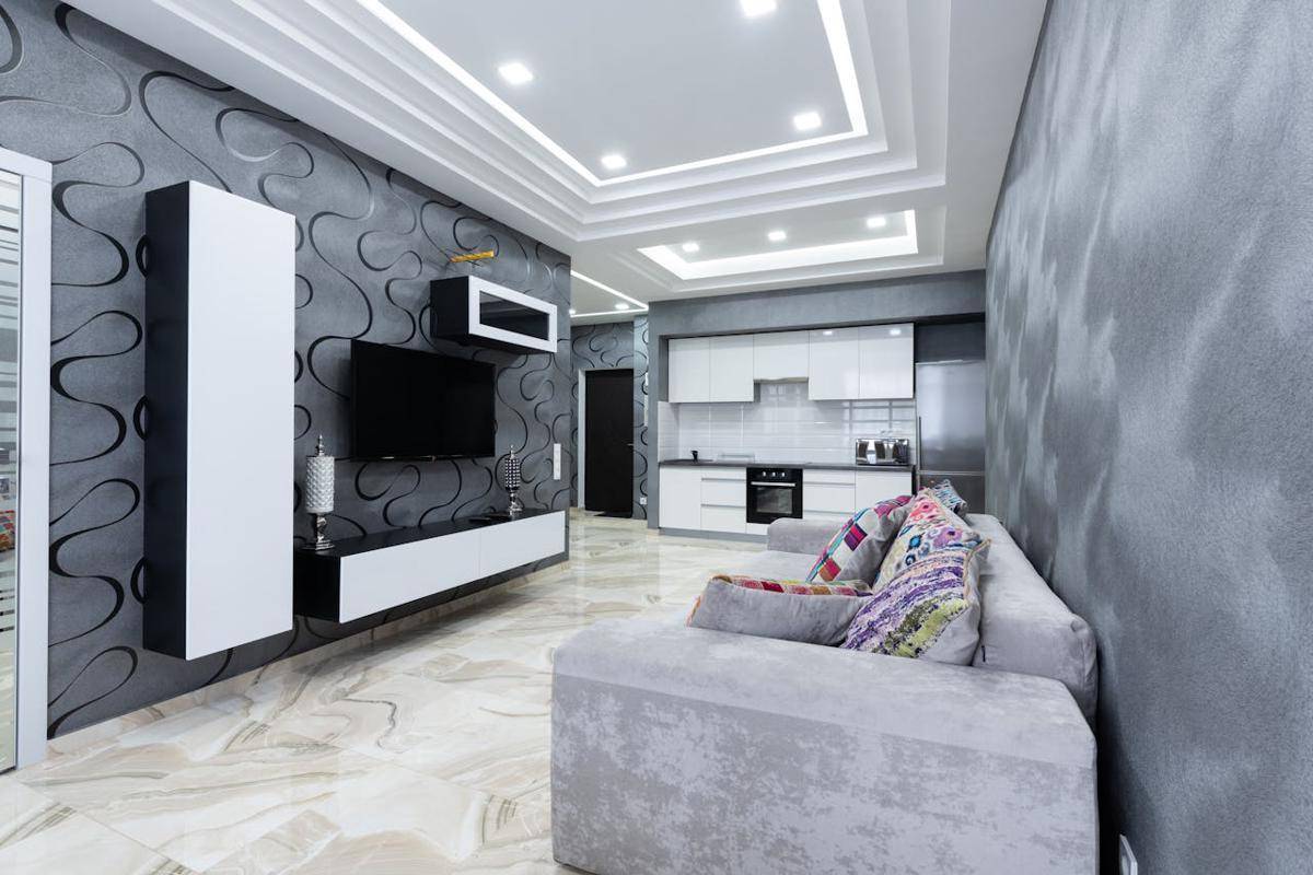 ilustrasi interior rumah abu-abu 