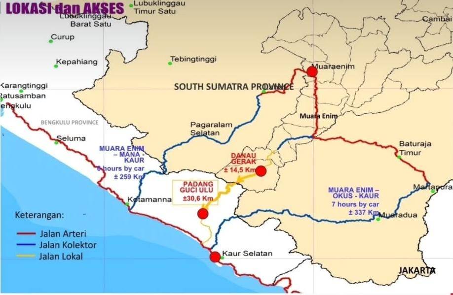 Lokasi dan akses rencana pembangunan jalan dari Muara Enim ke Kaur Bengkulu. (Dok. Pemkab Muara Enim)