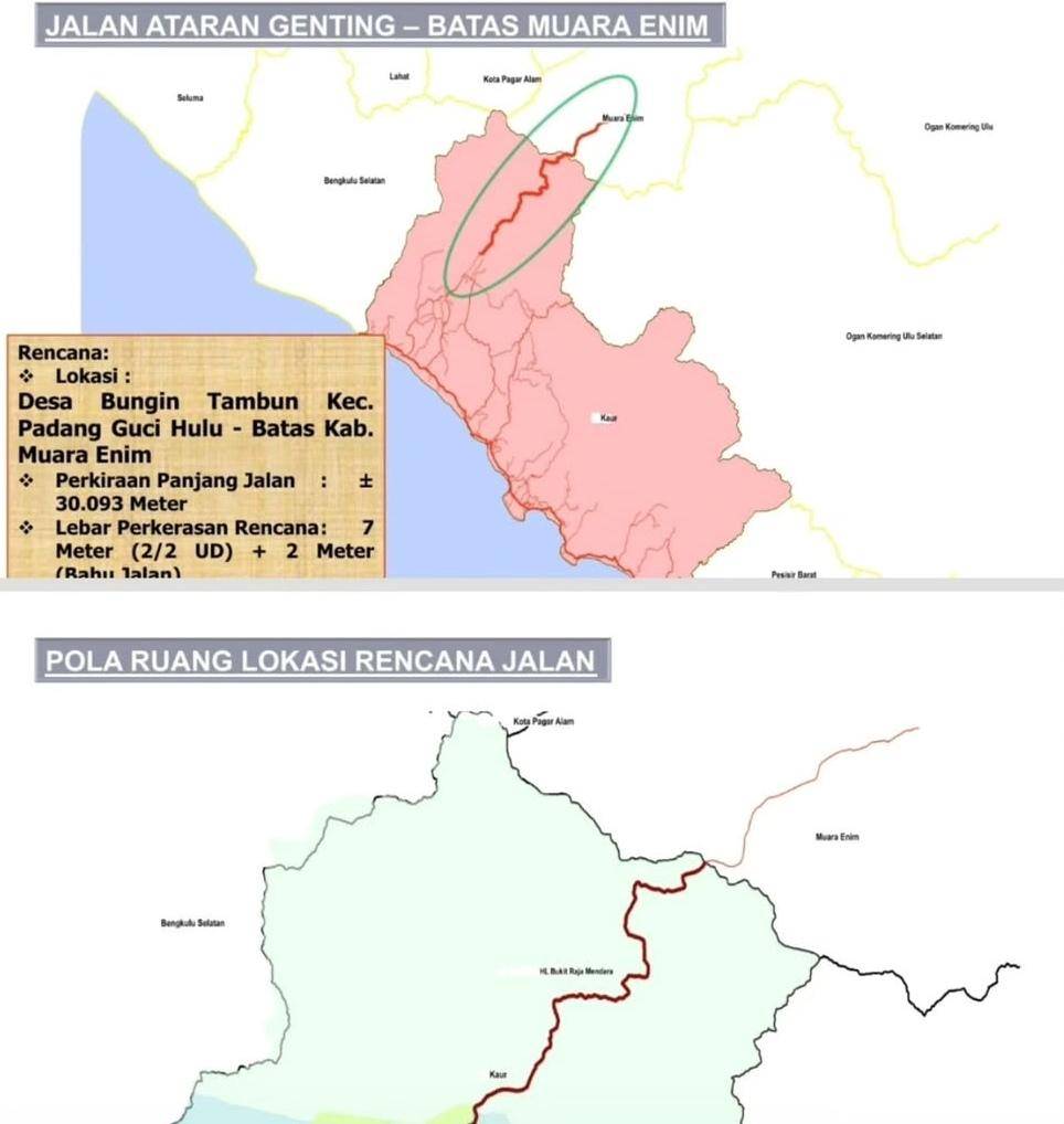 Lokasi dan akses rencana pembangunan jalan dari Muara Enim ke Kaur Bengkulu. (Dok. Pemkab Muara Enim)