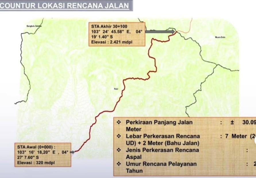 Lokasi dan akses rencana pembangunan jalan dari Muara Enim ke Kaur Bengkulu. (Dok. Pemkab Muara Enim)