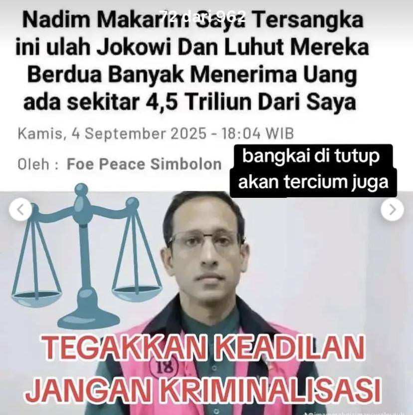 Tangkapan layar artikel Nadiem sebut penetapan tersangka ulah Jokowi viral di media sosial (dok. Facebook)