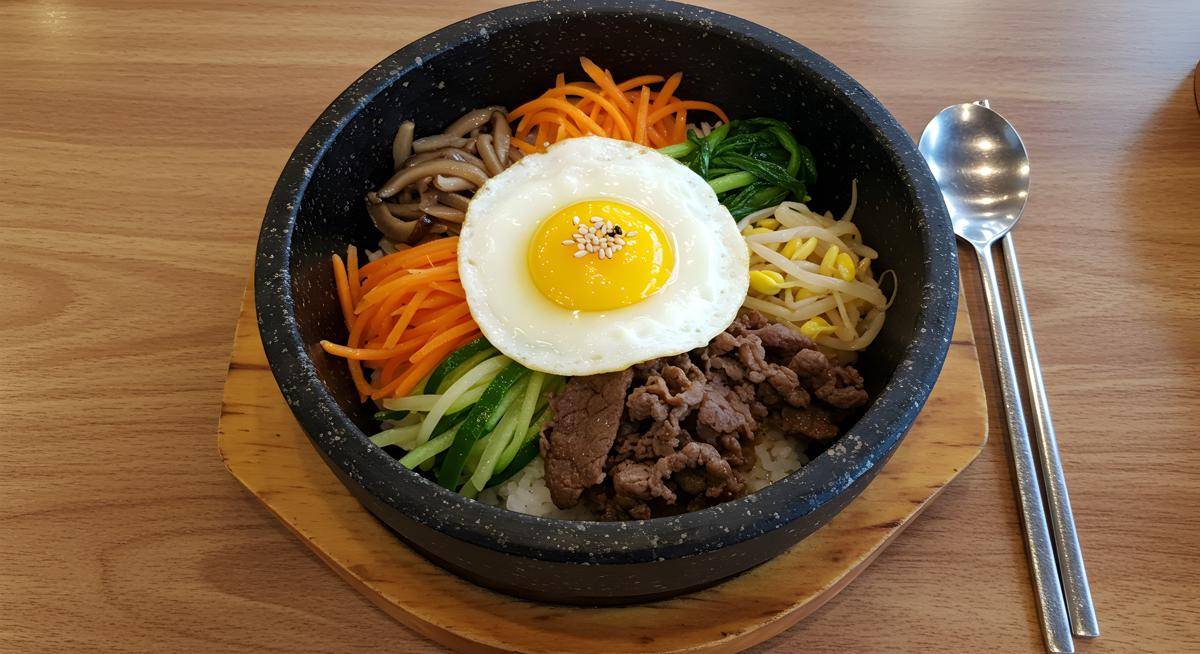 ilustrasi bibimbap yang lengkap dengan sayuran, daging, dan telur 