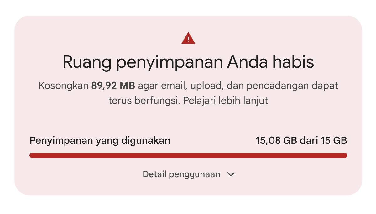 notifikasi ruang penyimpanan Gmail habis