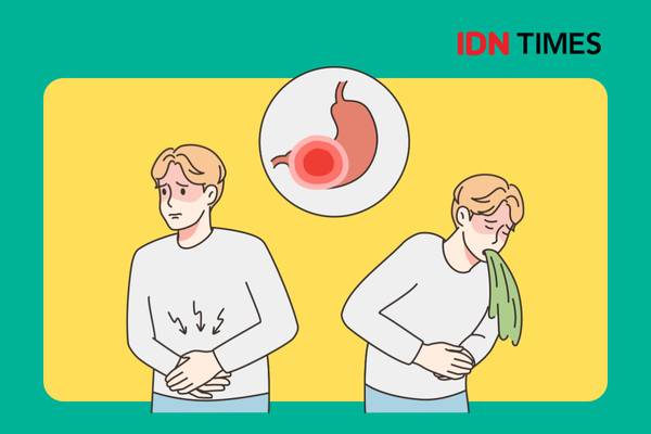 Ilustrasi seorang pria mengalami gangguan pencernaan, sakit perut, mual, dan muntah akibat keracunan makanan.
