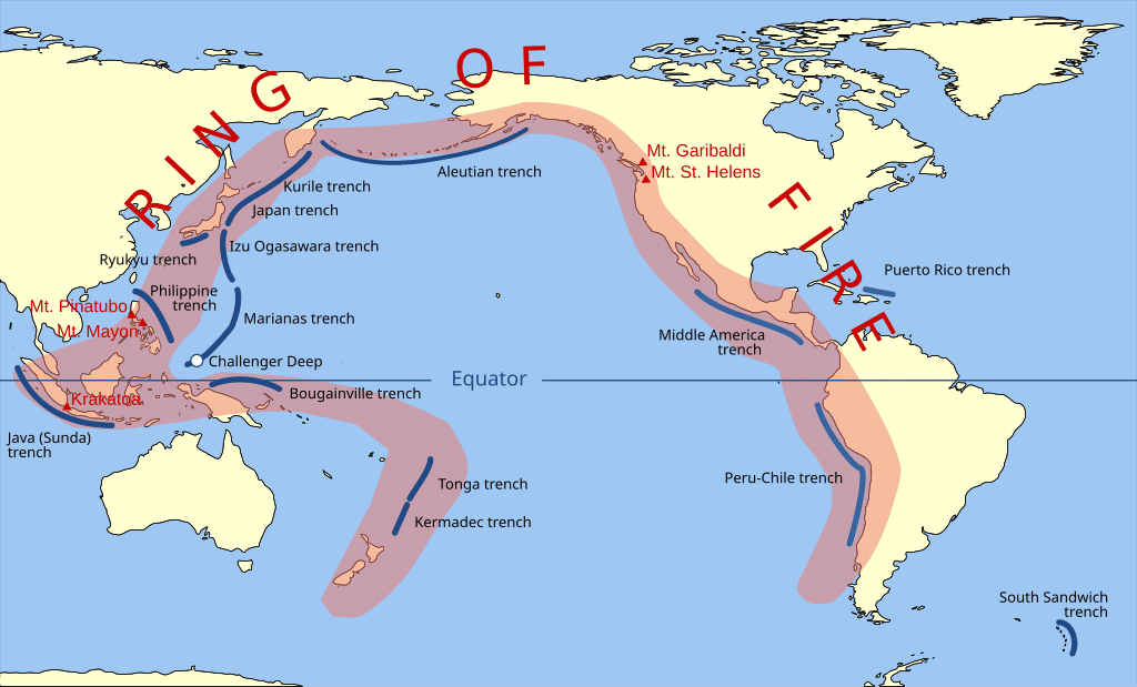 Zona Cincin Api Pasifik atau Pasific Ring of Fire (Gringer (talk) 23:52, 10 February 2009 (UTC), Public domain, via Wikimedia Commons)
