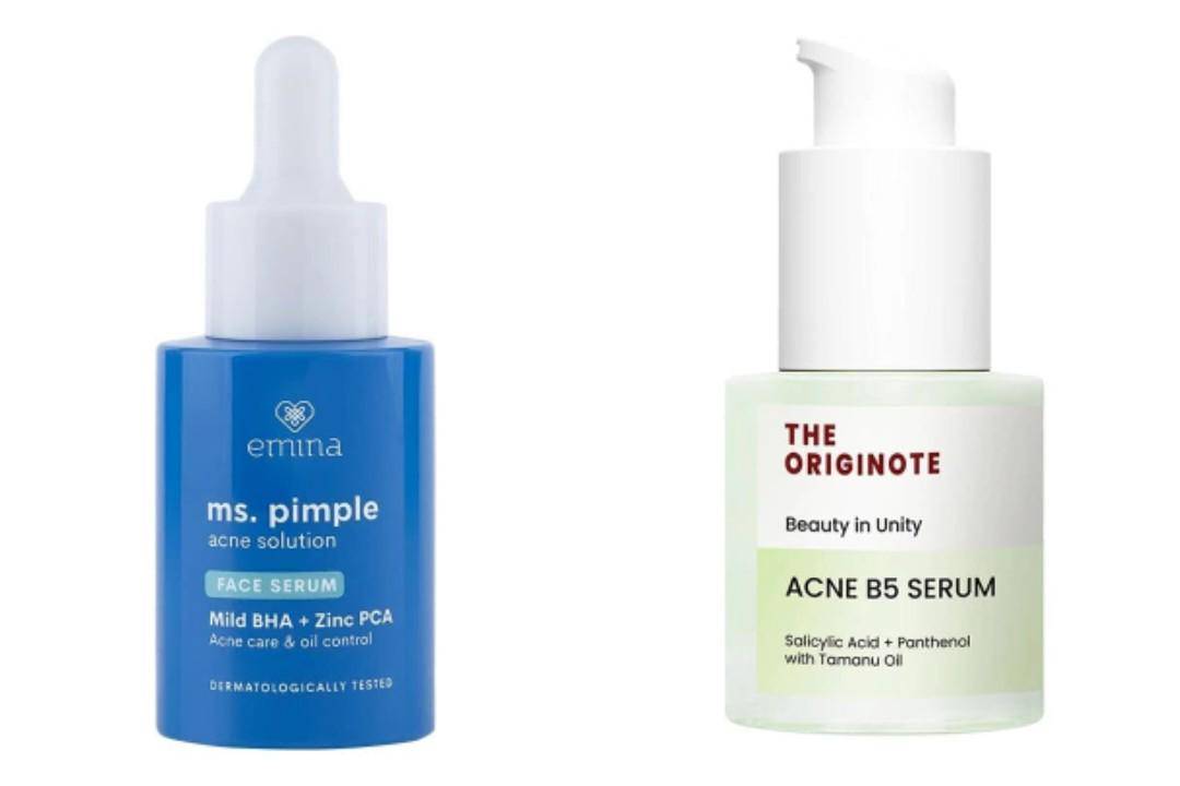 Emina Ms Pimple Acne Solution Face Serum dan The Originote Acne B5 Serum (eminacosmetics.com/Emina Ms Pimple Acne Solution Face Serum | watsons.co.id/The Originote Acne B5 Serum)