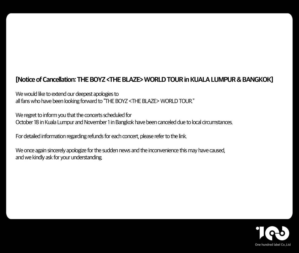 pengumuman pembatalan konser THE BOYZ <THE BLAZE> WORLD TOUR (x.com/THEBOYZ_officl)