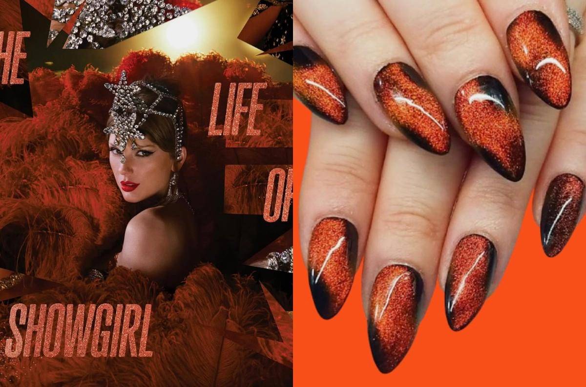 Album The Life of a Showgirl dan nail art cat-eye orange (instagram.com/taylorswift) | (instagram.com/truenorthnails)