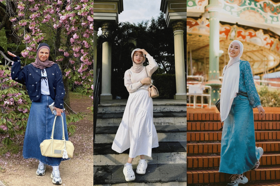 OOTD hijab kasual dengan rok (instagram.com/dillaljaidi | vaniawinola | daraarafah)