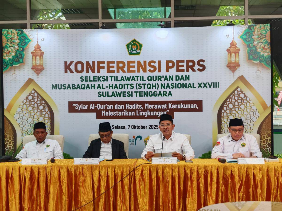 Konferensi pers Kemenag akan menggelar Seleksi Tilawatil Quran dan Musabaqah Al-Hadits (STQH) Nasional ke-28 di Provinsi Sulawesi Tenggara (Sulteng) (IDN Times/Ilman Nafi'an)