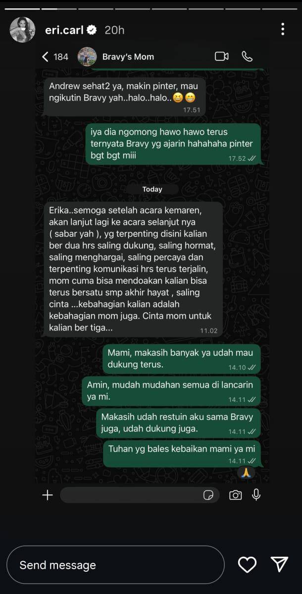 Pesan Ibunda Bravy kepada Erika Carlina