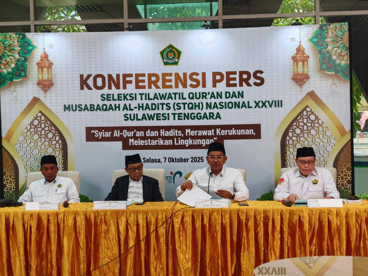 Konferensi pers Kemenag akan menggelar Seleksi Tilawatil Quran dan Musabaqah Al-Hadits (STQH) Nasional ke-28 di Provinsi Sulawesi Tenggara (Sulteng) (IDN Times/Ilman Nafi'an)
