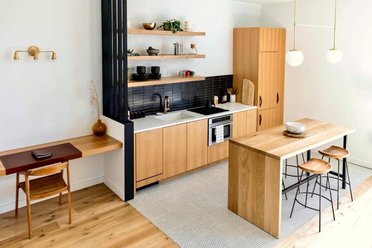 ilustrasi desain dapur dengan rak terbuka