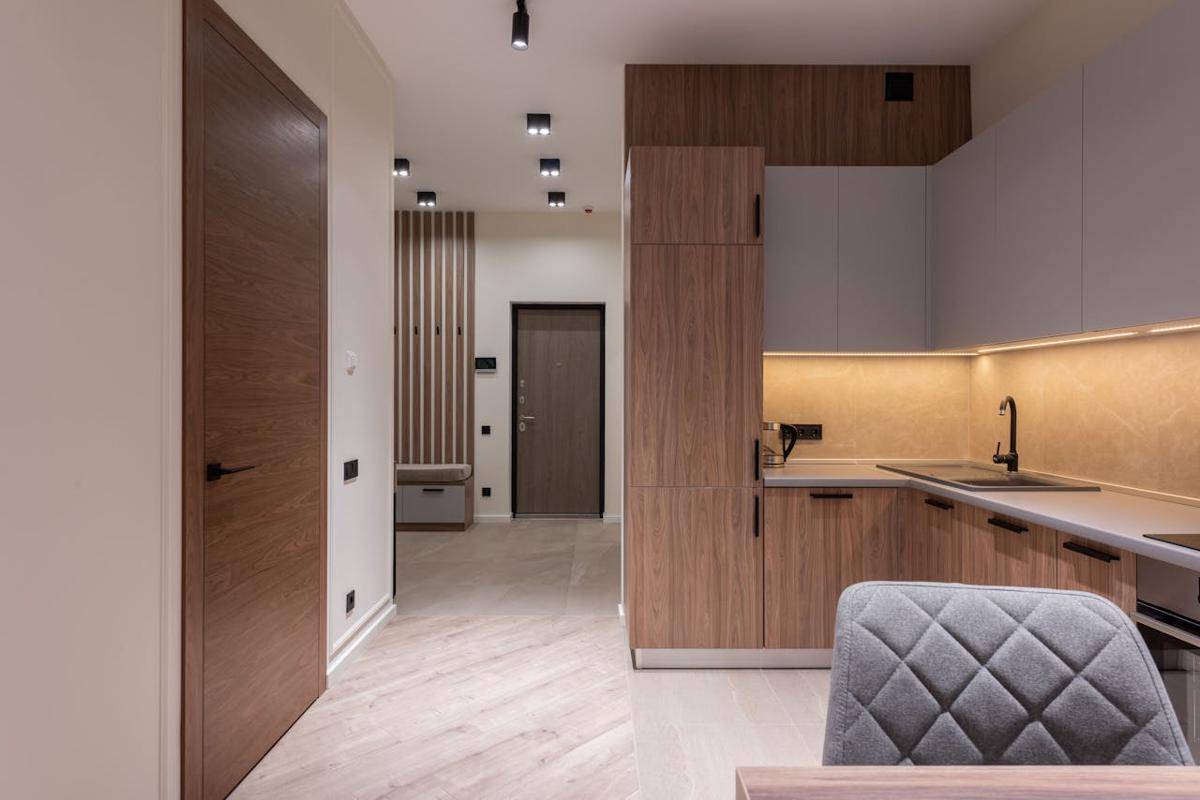 ilustrasi interior dengan pintu kayu 