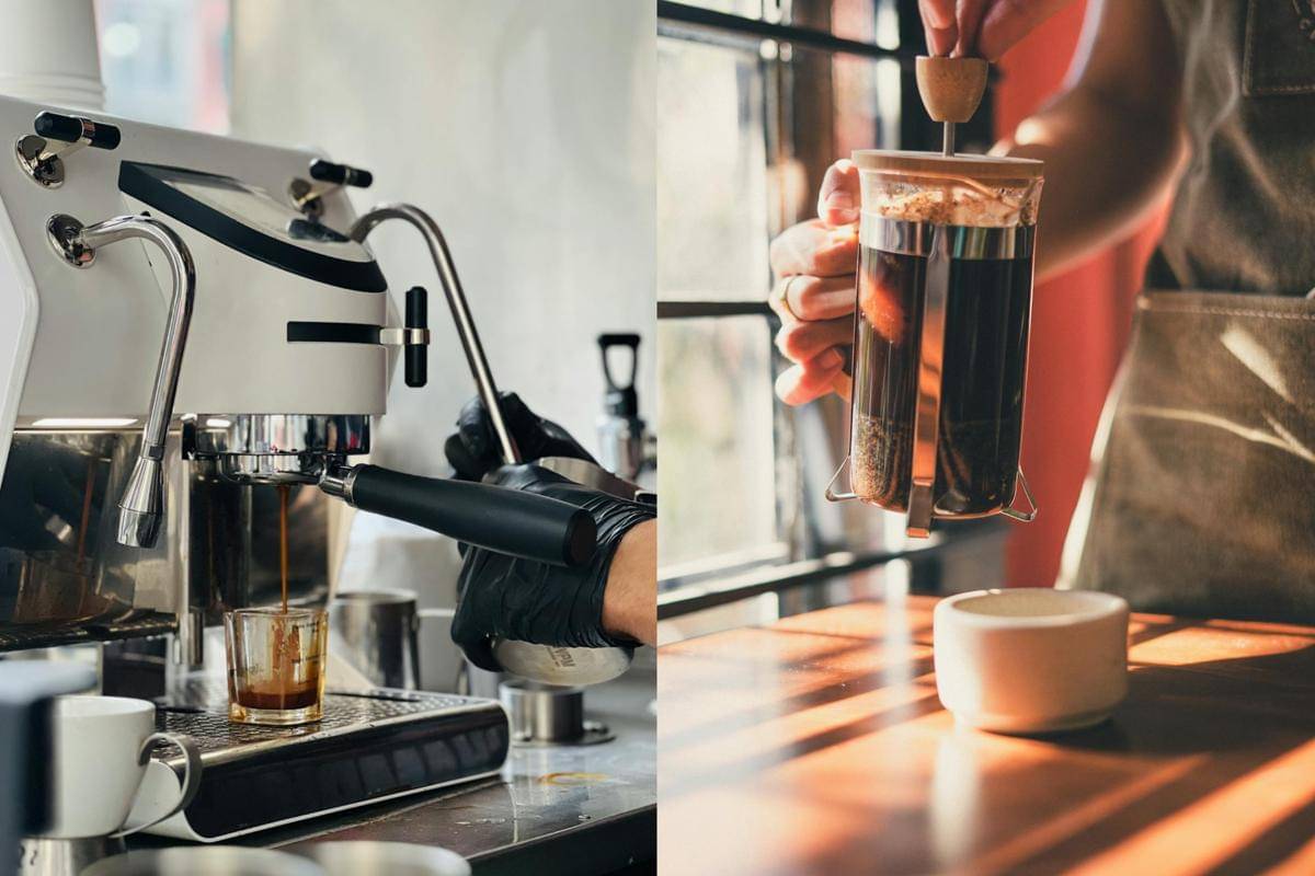 Potret kolase mesin espresso dan French press (pexels.com/planka | pexels.com/cristian-rojas)