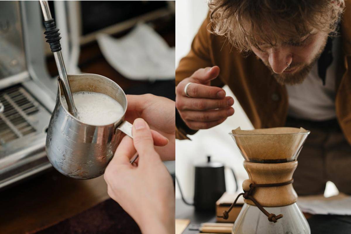 Potret proses steam susu dan mencium aroma kopi sebelum disajikan (pexels.com/ketut-subiyanto | pexels.com/ron-lach)