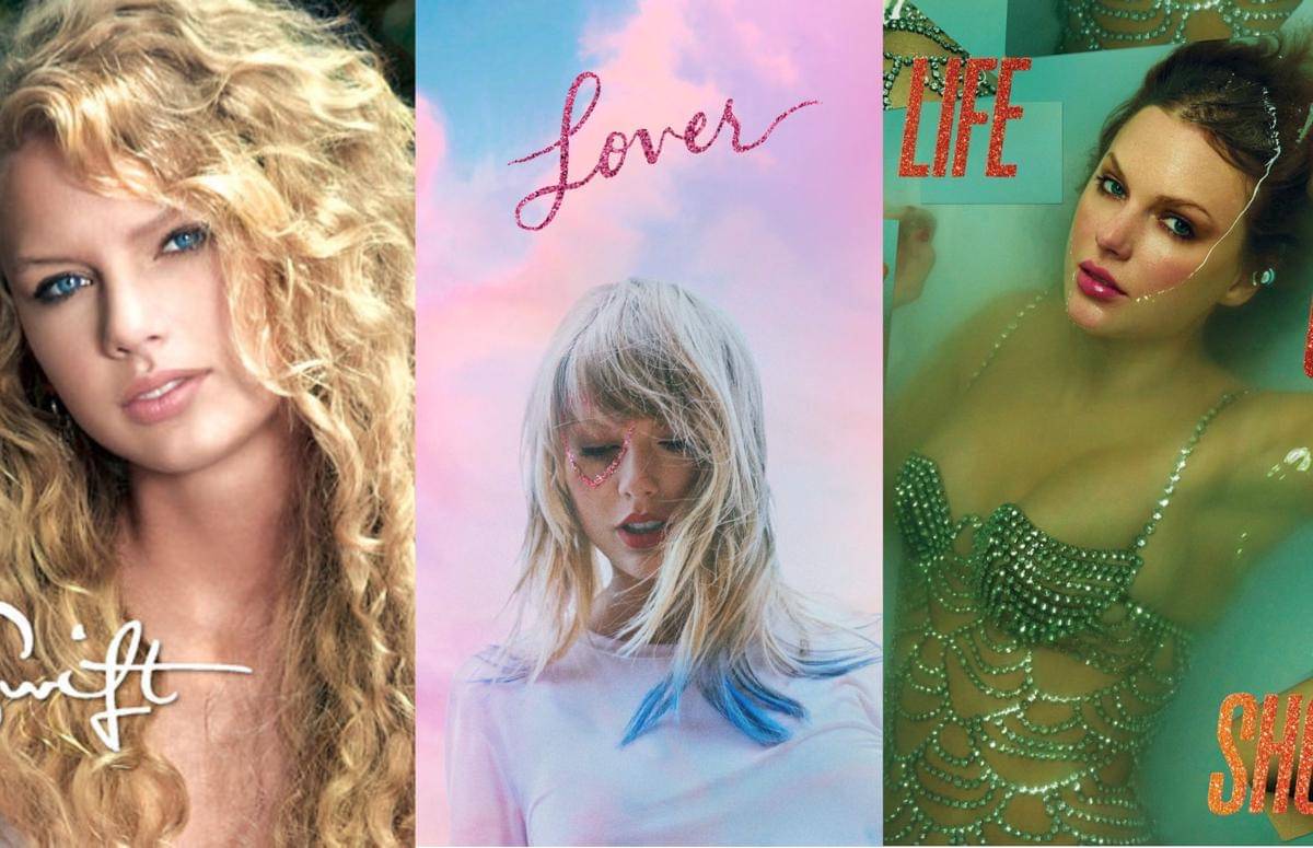 cover album Taylor Swift (2006), Lover (2019), dan The Life of a Showgirl (2025)
