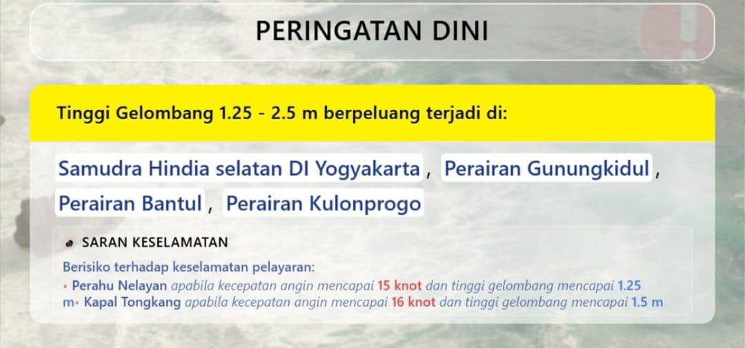 BMKG mengeluarkan peringatan dini potensi kenaikan gelombang laut hingga Minggu (12/10/2025), yang diprediksi mencapai 4 meter di Samudera Hindia Selatan