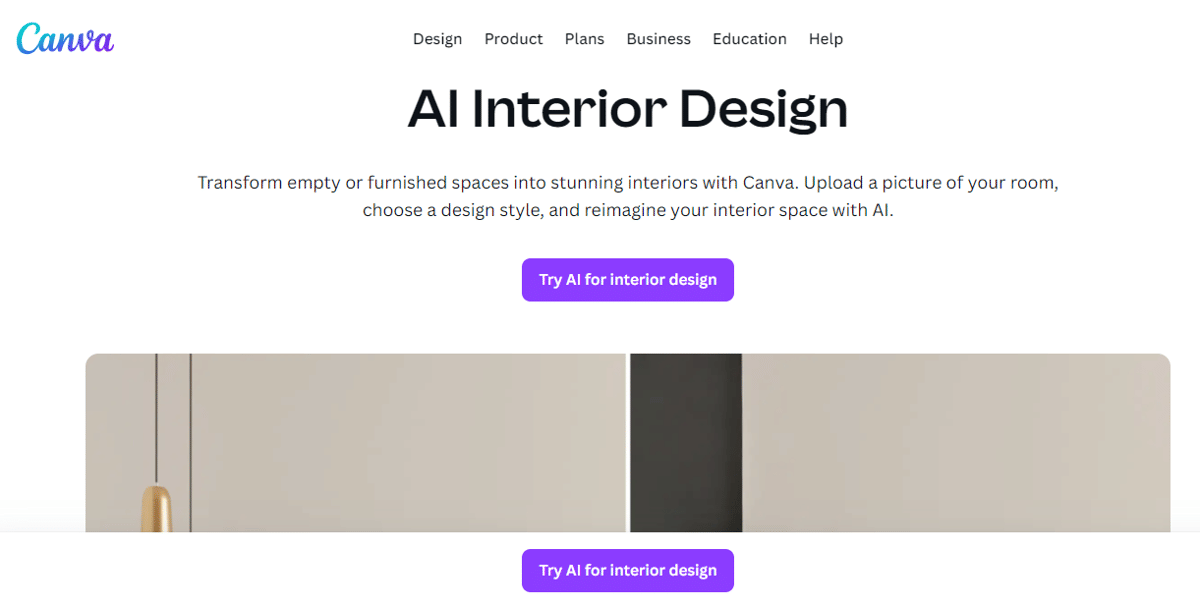 tampilan website Canva AI Interior Design