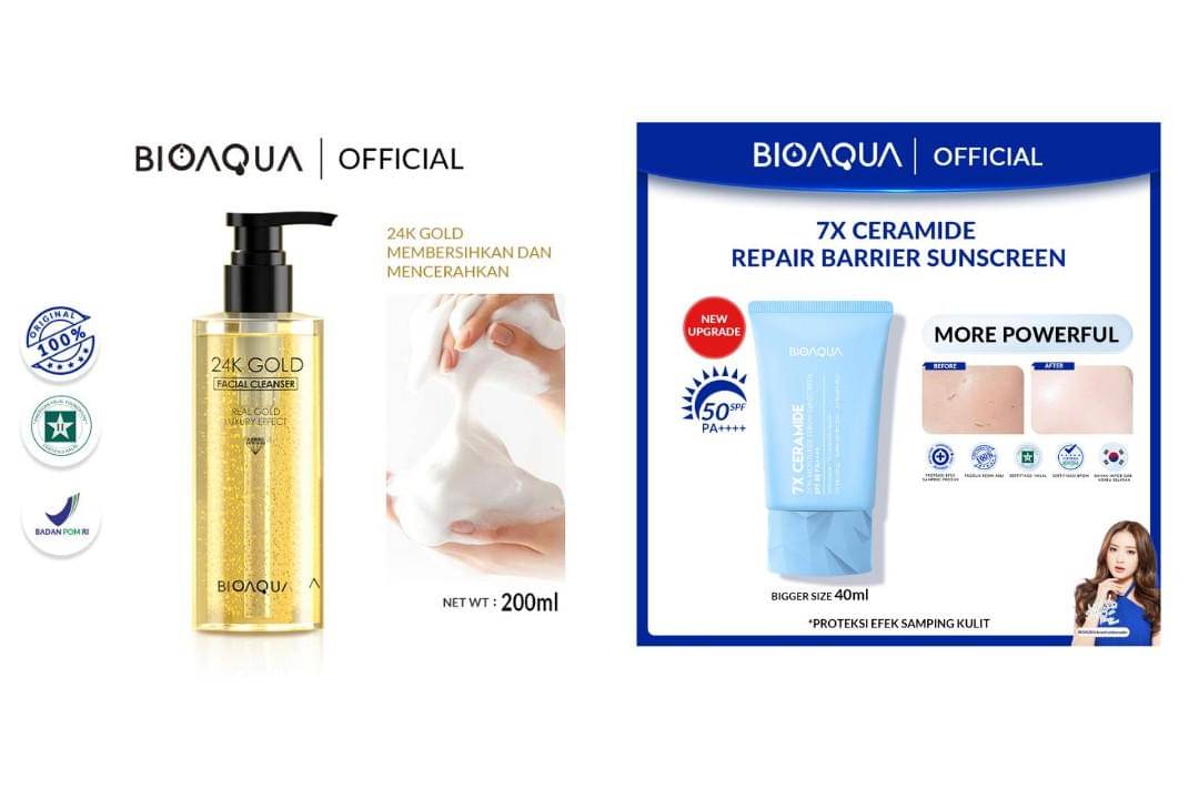24K Gold Facial Cleanser dan BIOAQUA 7X Ceramide Sunblcok Wajah Sunscreen SPF 50 PA++++ 40ml  (tokopedia.com/Bioaqua Official Store)