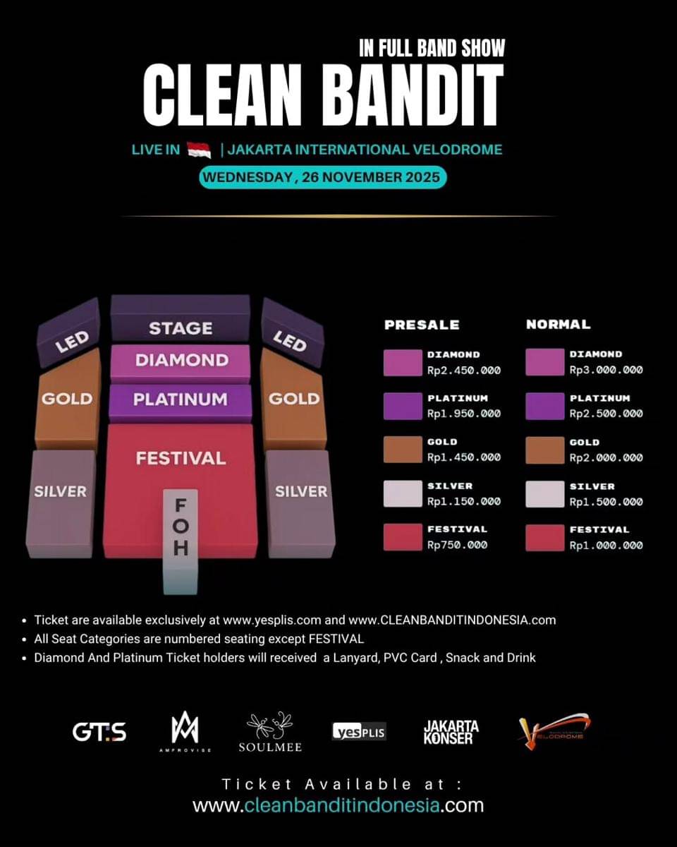 harga tiket presale konser Clean Bandit di Jakarta 2025 (instagram.com/cleanbanditindonesia)